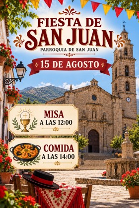 Cartel de la Fiesta de San Juan: 15 de agosto, misa a las 12:00, comida a las 14:00